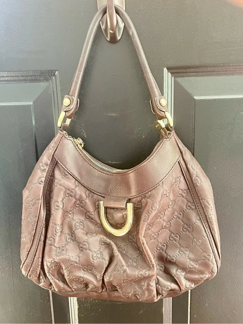 Gucci Brown Leather Monogram Hobo with Gold Hardware